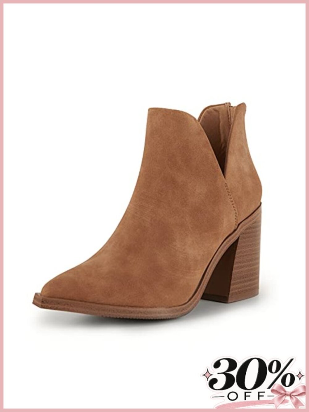 Womens Slip On Ankle Boots V Cutout Pointed Toe Chunky Stacked Mid Heel Booties
